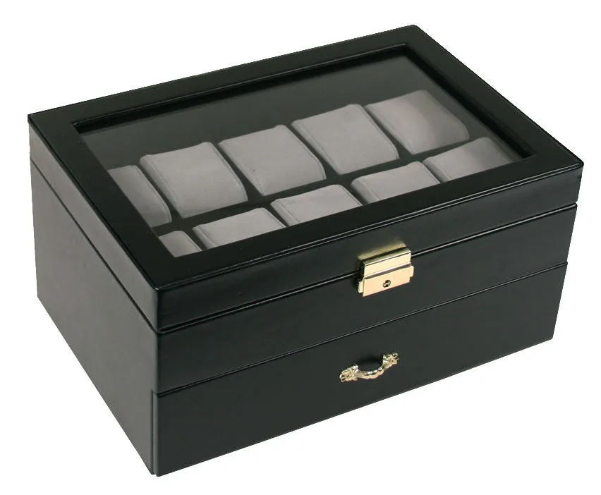 (20) Black Leather Watch Box with Clear Glass Top