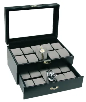 (20) Black Leather Watch Box with Clear Glass Top