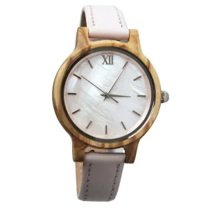 Anna Maria / Olive Wood - Women's Wood Watch / Sea Shell Face & Pink Leather Band