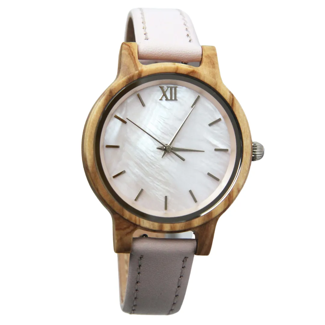 Anna Maria / Olive Wood - Women's Wood Watch / Sea Shell Face & Pink Leather Band