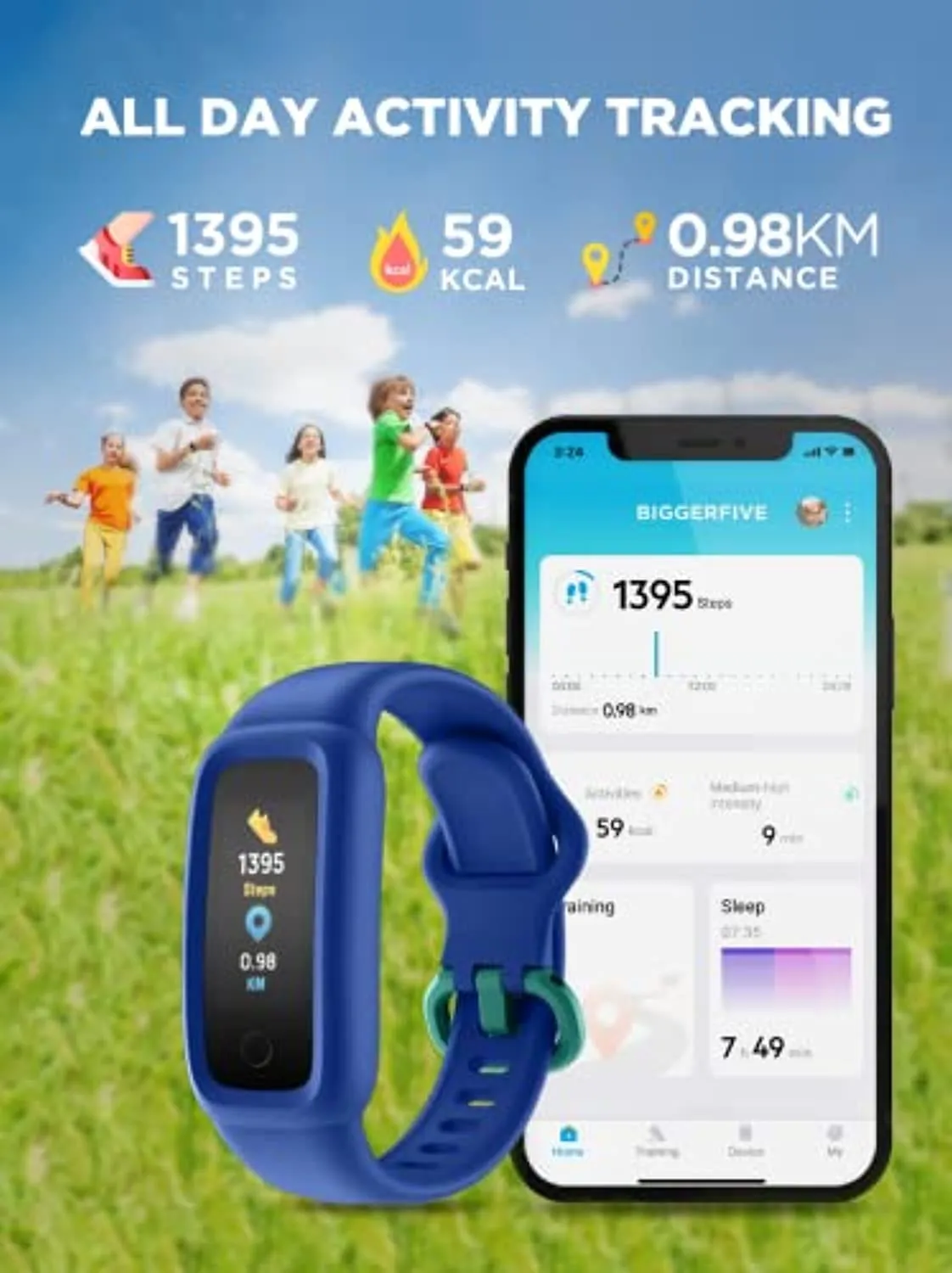 BIGGERFIVE Kids Fitness Tracker Watch for Girls Boys Age 5-12, IP68 Waterproof, Heart Rate Monitor, Activity Tracker, Sleep Monitor, Pedometer, Calorie Counter, Silent Alarm Clock, Family Account