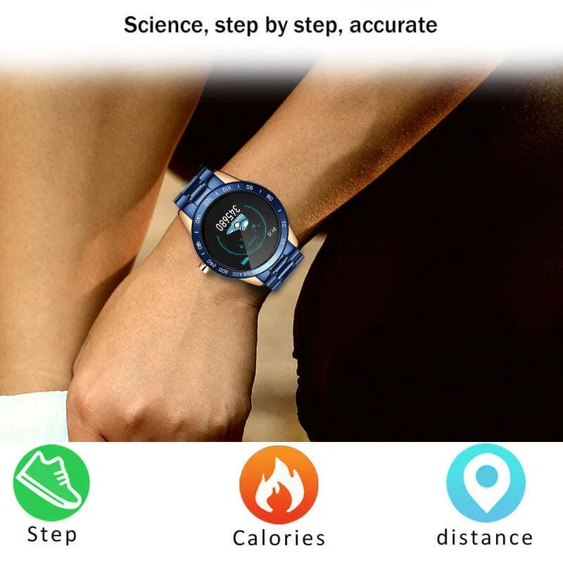 Blue and Gold Smart Watch for Heart Rate Steps and Blood Pressure Detection