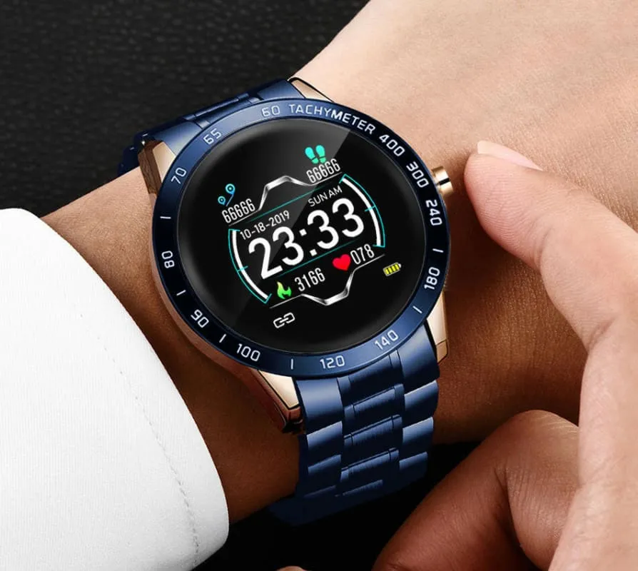Blue and Gold Smart Watch for Heart Rate Steps and Blood Pressure Detection