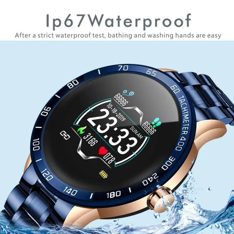 Blue and Gold Smart Watch for Heart Rate Steps and Blood Pressure Detection