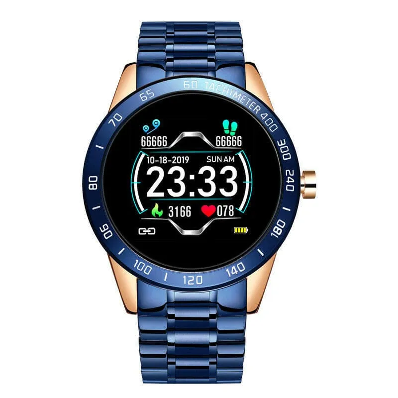 Blue and Gold Smart Watch for Heart Rate Steps and Blood Pressure Detection