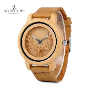 BOBO BIRD L-A27 Hollow Deer Head Bamboo Wood Casual Watches for Men Women Ladies Leather Strap Quartz Watch free shipping