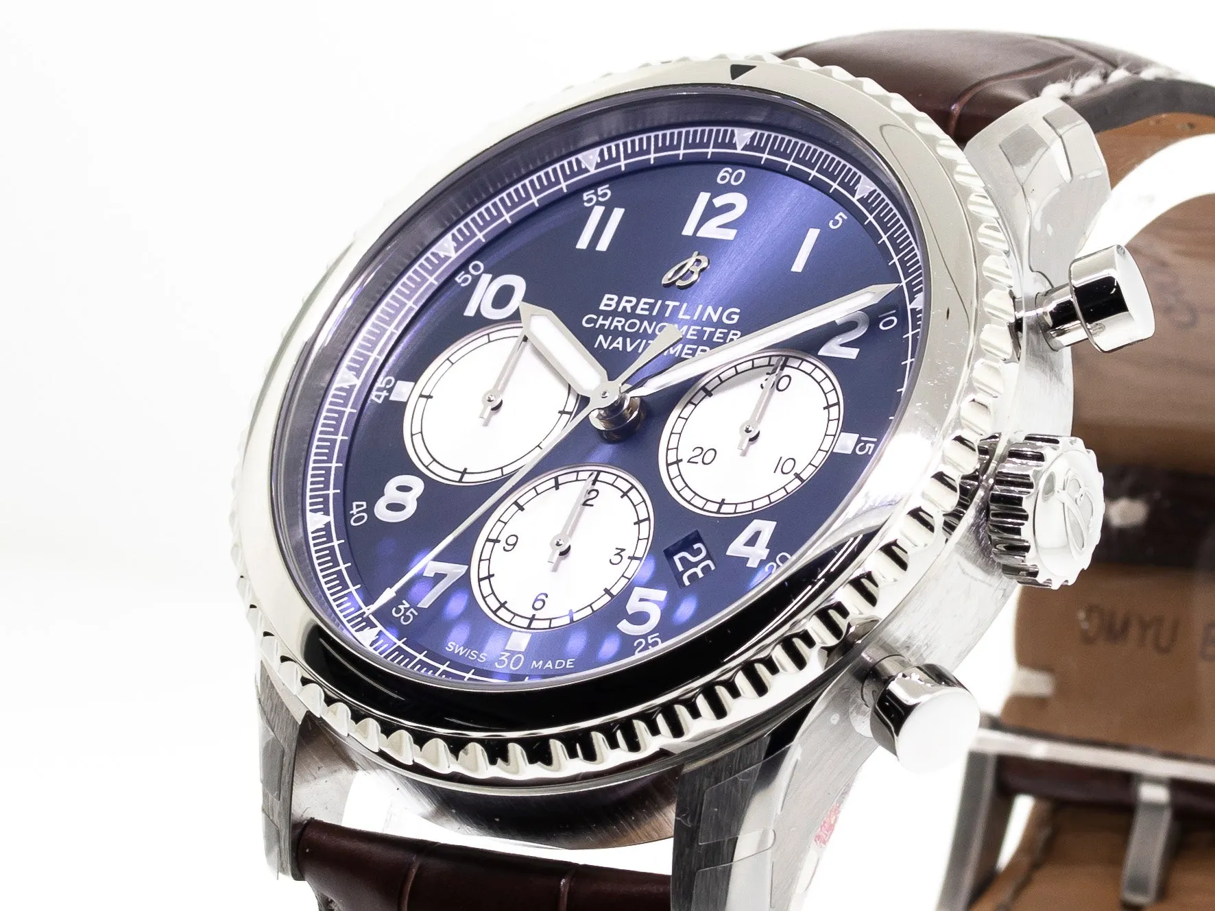Breitling Aviator 8 B01 Chronograph 43mm Stainless Steel Blue Dial Brown Strap