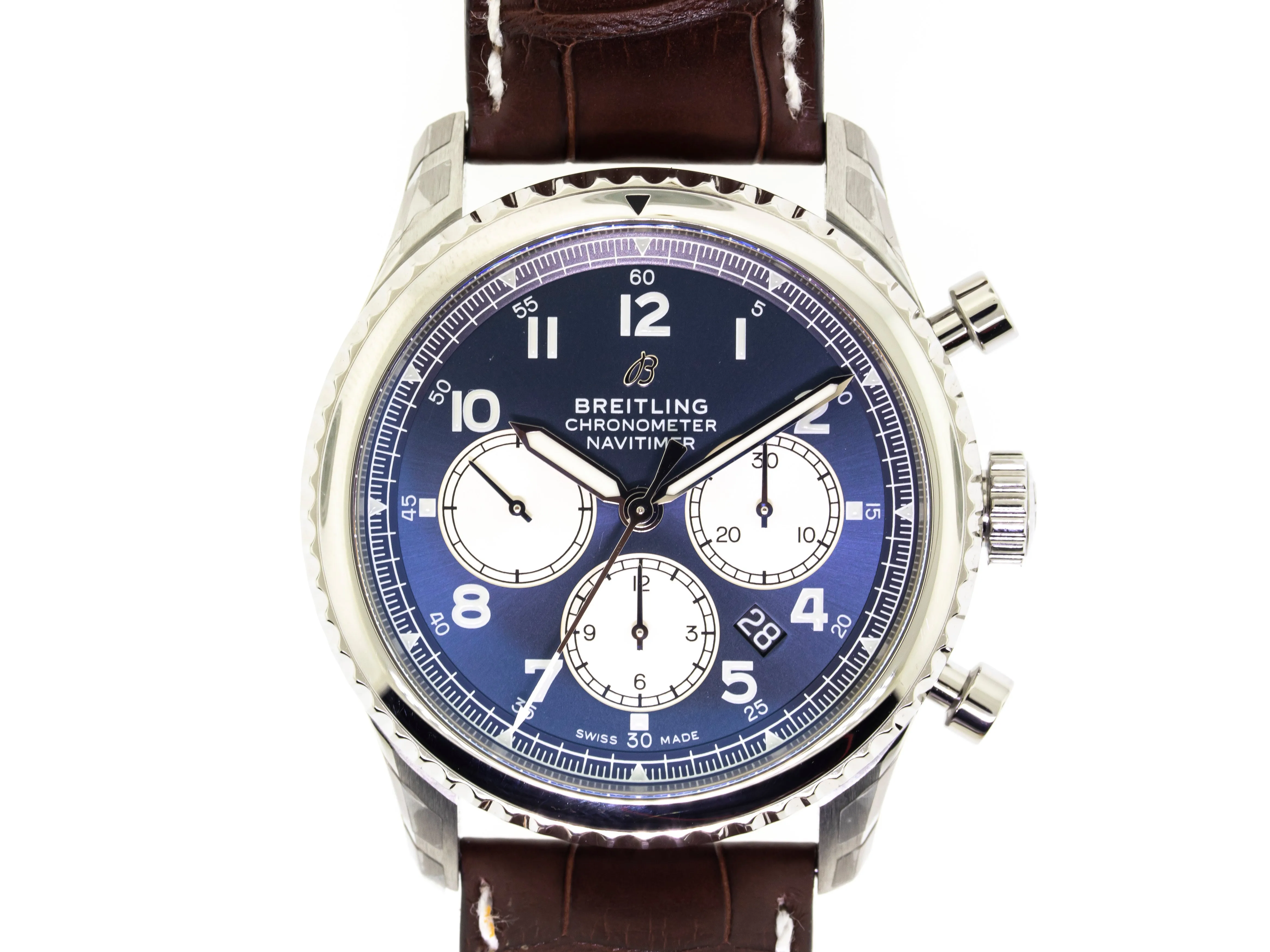 Breitling Aviator 8 B01 Chronograph 43mm Stainless Steel Blue Dial Brown Strap