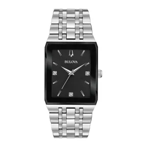 Bulova Quadra Mens Stainless Steel Diamond and Black Dial Watch
