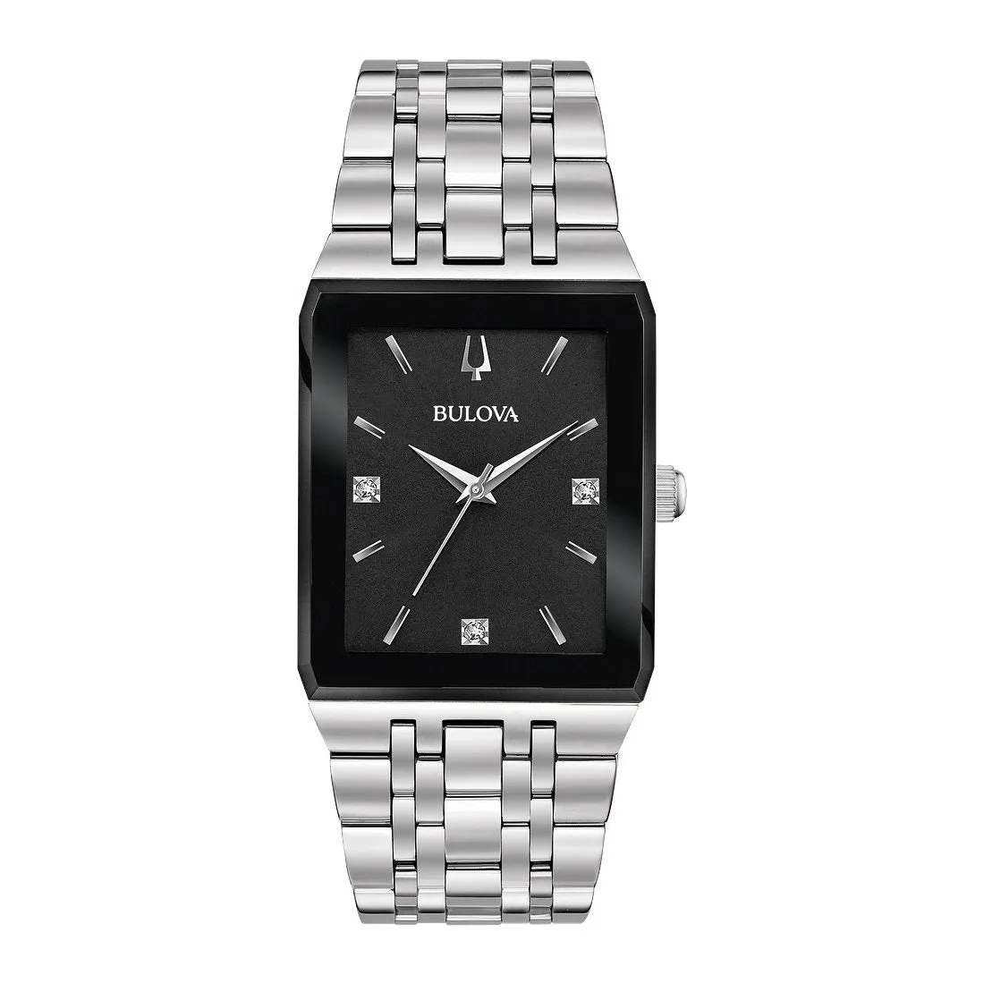 Bulova Quadra Mens Stainless Steel Diamond and Black Dial Watch