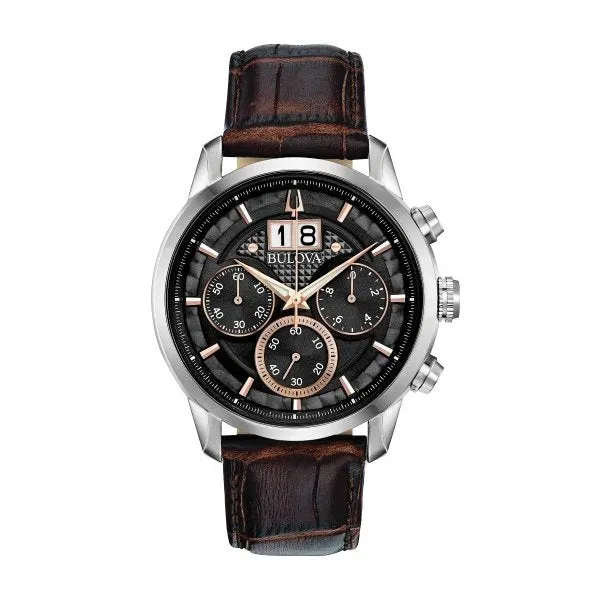 Bulova Sutton Mens Chronograph Stainless Steel Black Dial Brown Leather Strap Watch