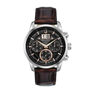 Bulova Sutton Mens Chronograph Stainless Steel Black Dial Brown Leather Strap Watch