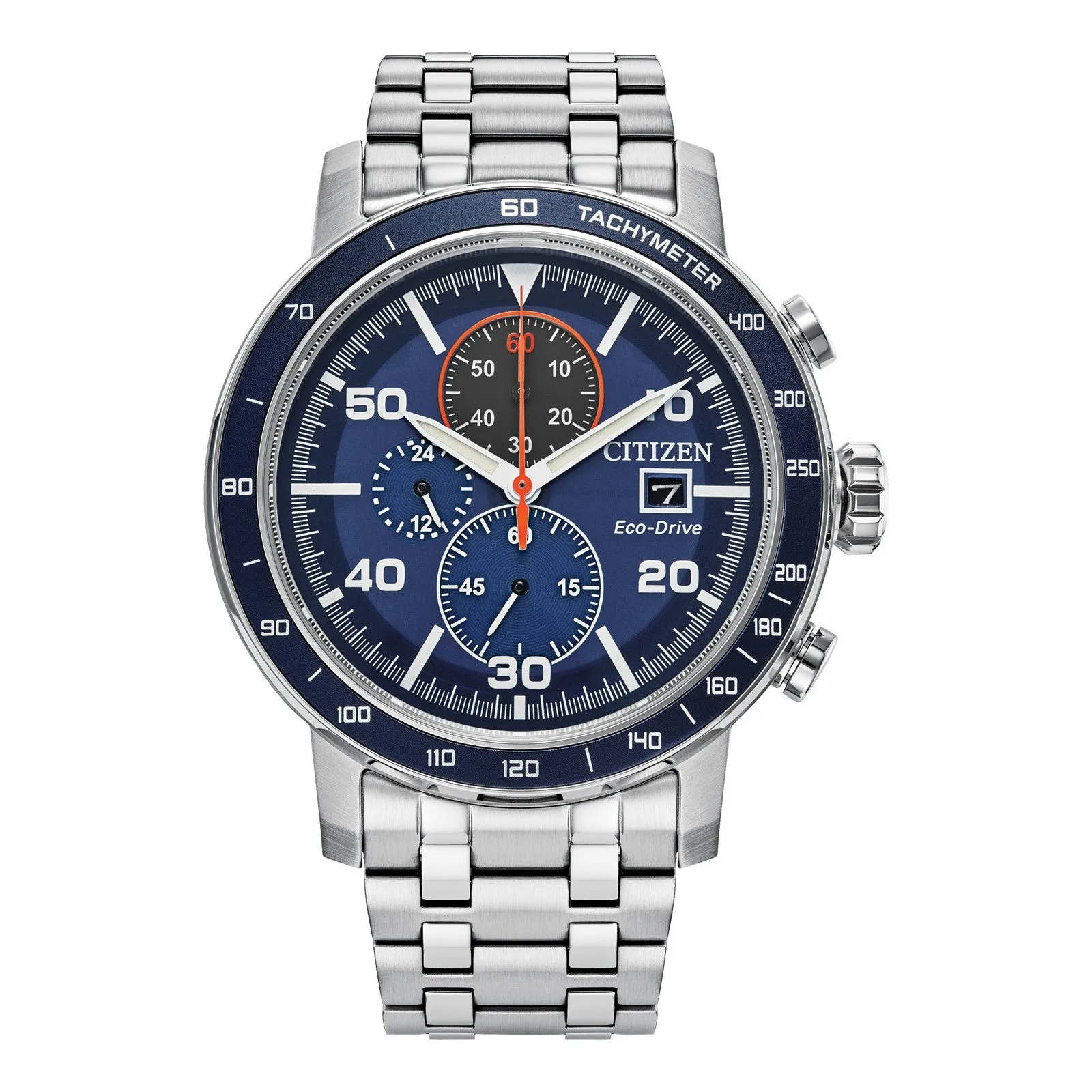 Citizen Mens Eco Drive Stainless Steel Chronograph Blue Dial Watch