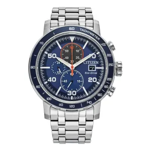 Citizen Mens Eco Drive Stainless Steel Chronograph Blue Dial Watch