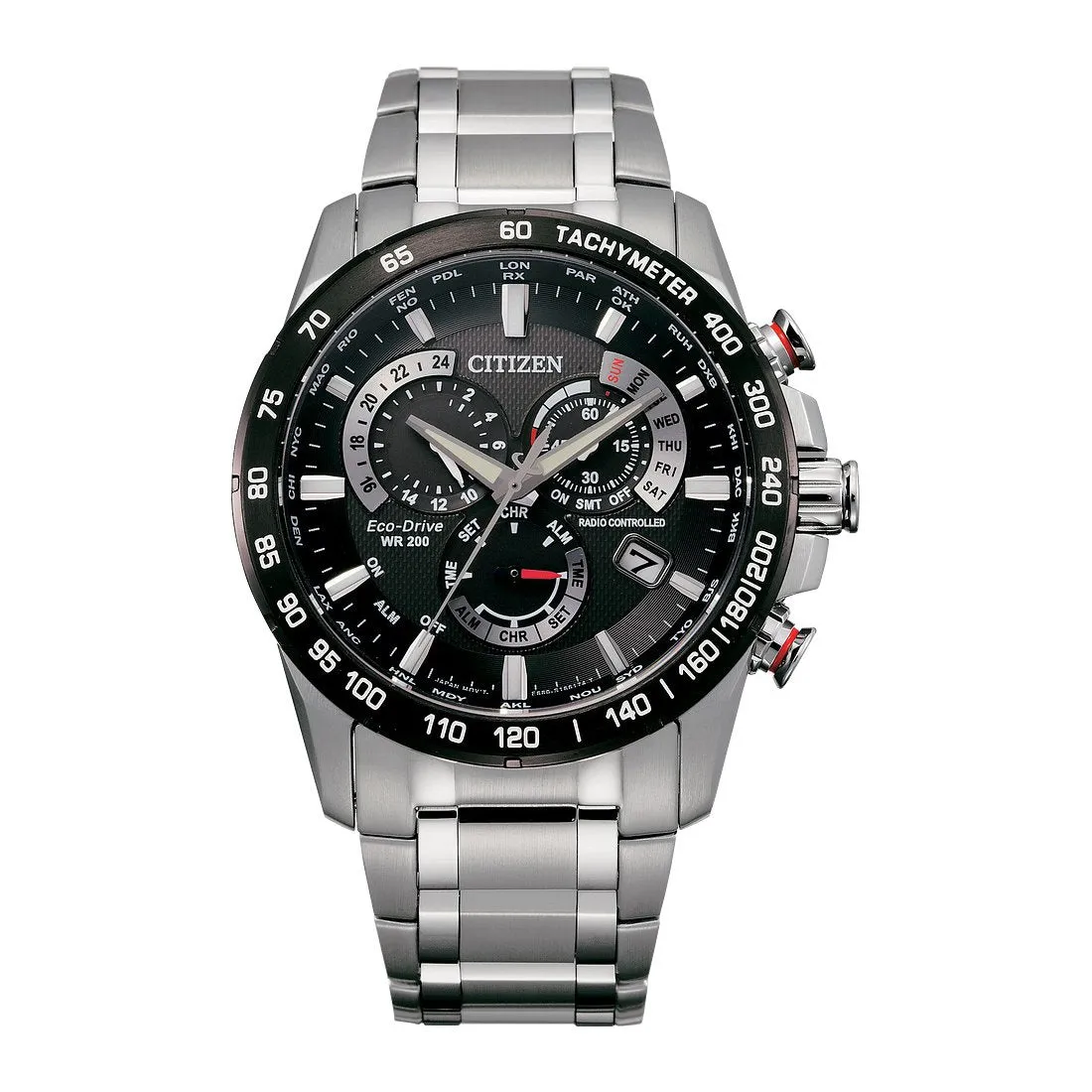 Citizen Perpetual Chrono A-T Mens Eco Drive Stainless Steel Black Dial Watch