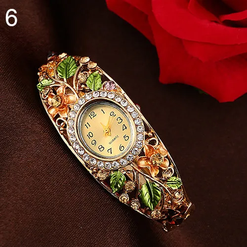 Crystal Flower Bangle Bracelet Gold Watch
