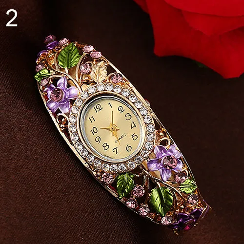 Crystal Flower Bangle Bracelet Gold Watch