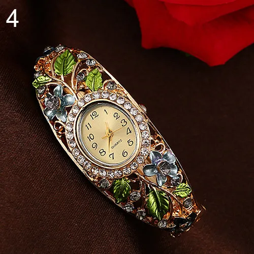 Crystal Flower Bangle Bracelet Gold Watch