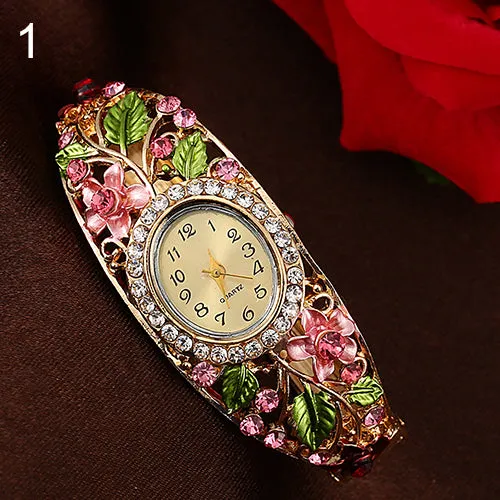 Crystal Flower Bangle Bracelet Gold Watch