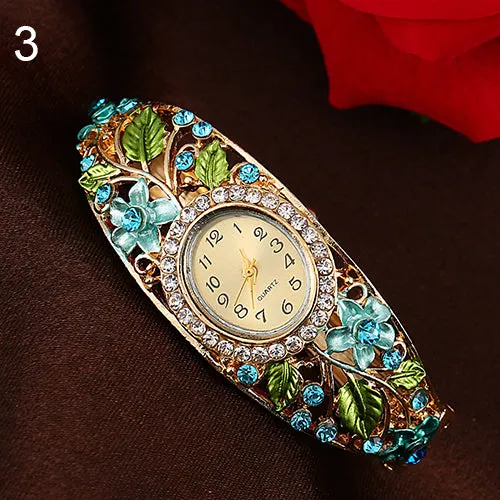 Crystal Flower Bangle Bracelet Gold Watch