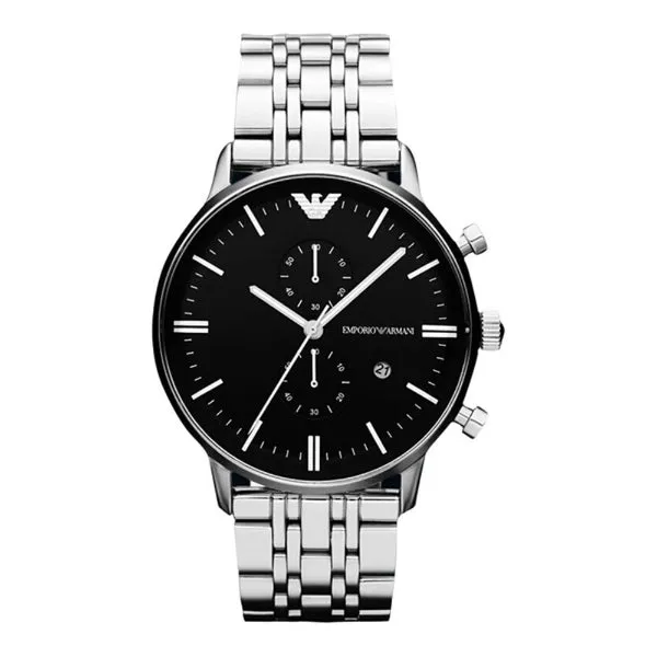 EMPORIO ARMANI Silver Stainless Steel Black Dial Chronograph Quartz Watch for Gents - AR80009