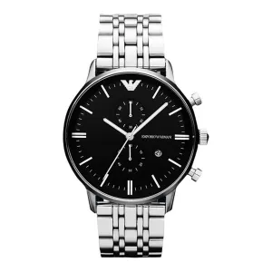 EMPORIO ARMANI Silver Stainless Steel Black Dial Chronograph Quartz Watch for Gents - AR80009