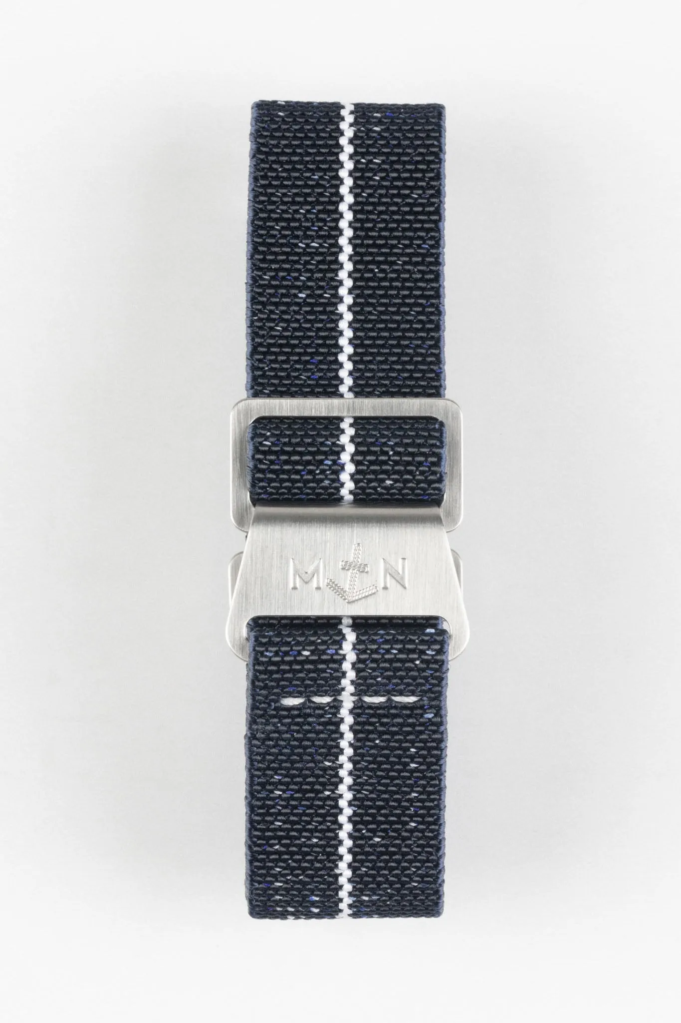 Erika's Originals INDIGO DENIM MN™ Strap with WHITE Centerline - BRUSHED Hardware