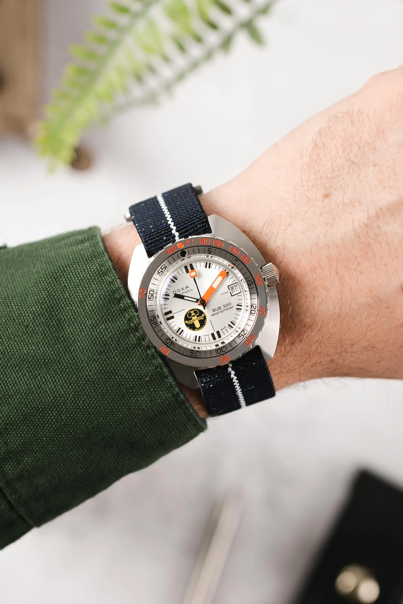 Erika's Originals INDIGO DENIM MN™ Strap with WHITE Centerline - BRUSHED Hardware