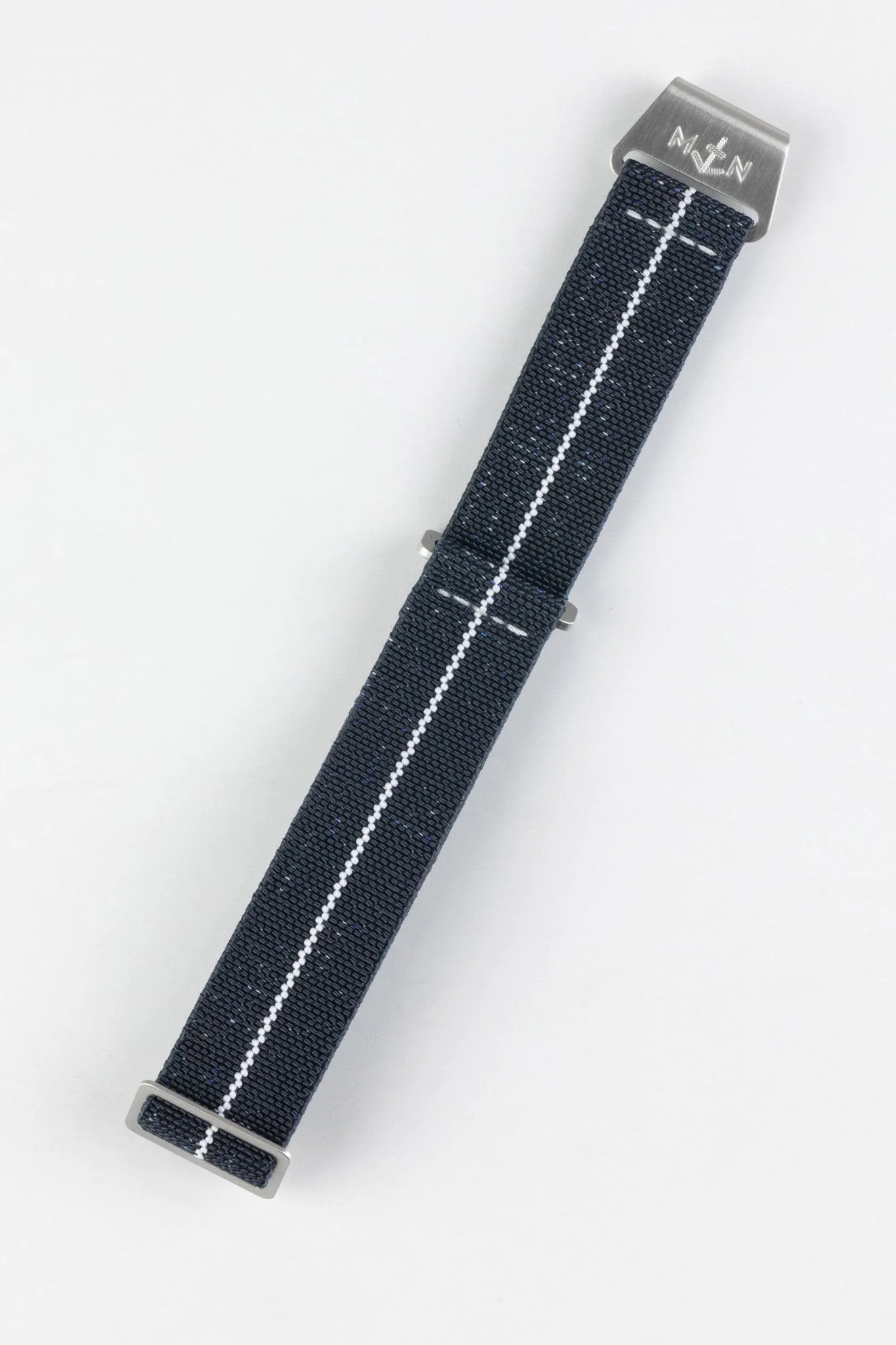 Erika's Originals INDIGO DENIM MN™ Strap with WHITE Centerline - BRUSHED Hardware