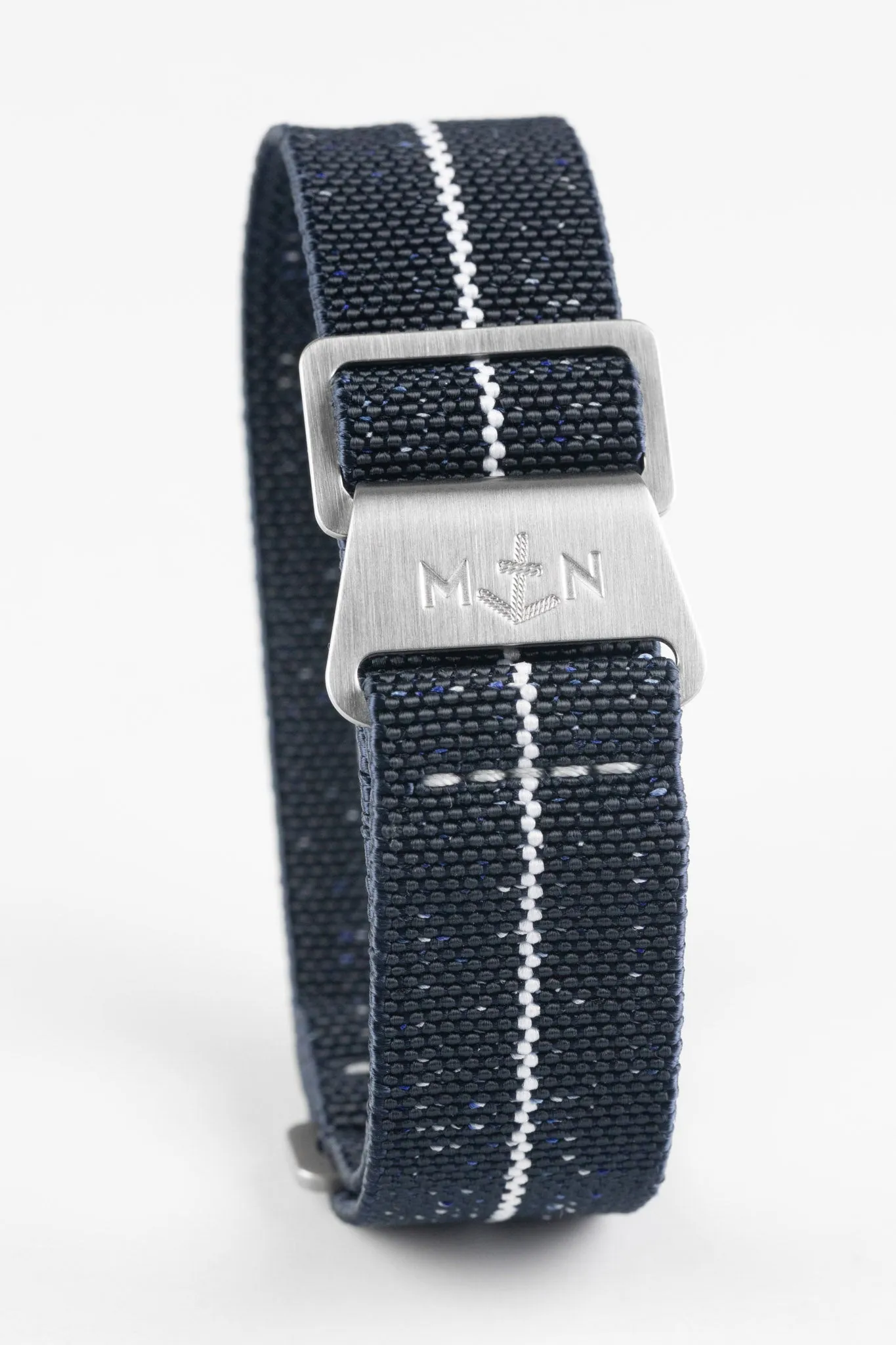 Erika's Originals INDIGO DENIM MN™ Strap with WHITE Centerline - BRUSHED Hardware