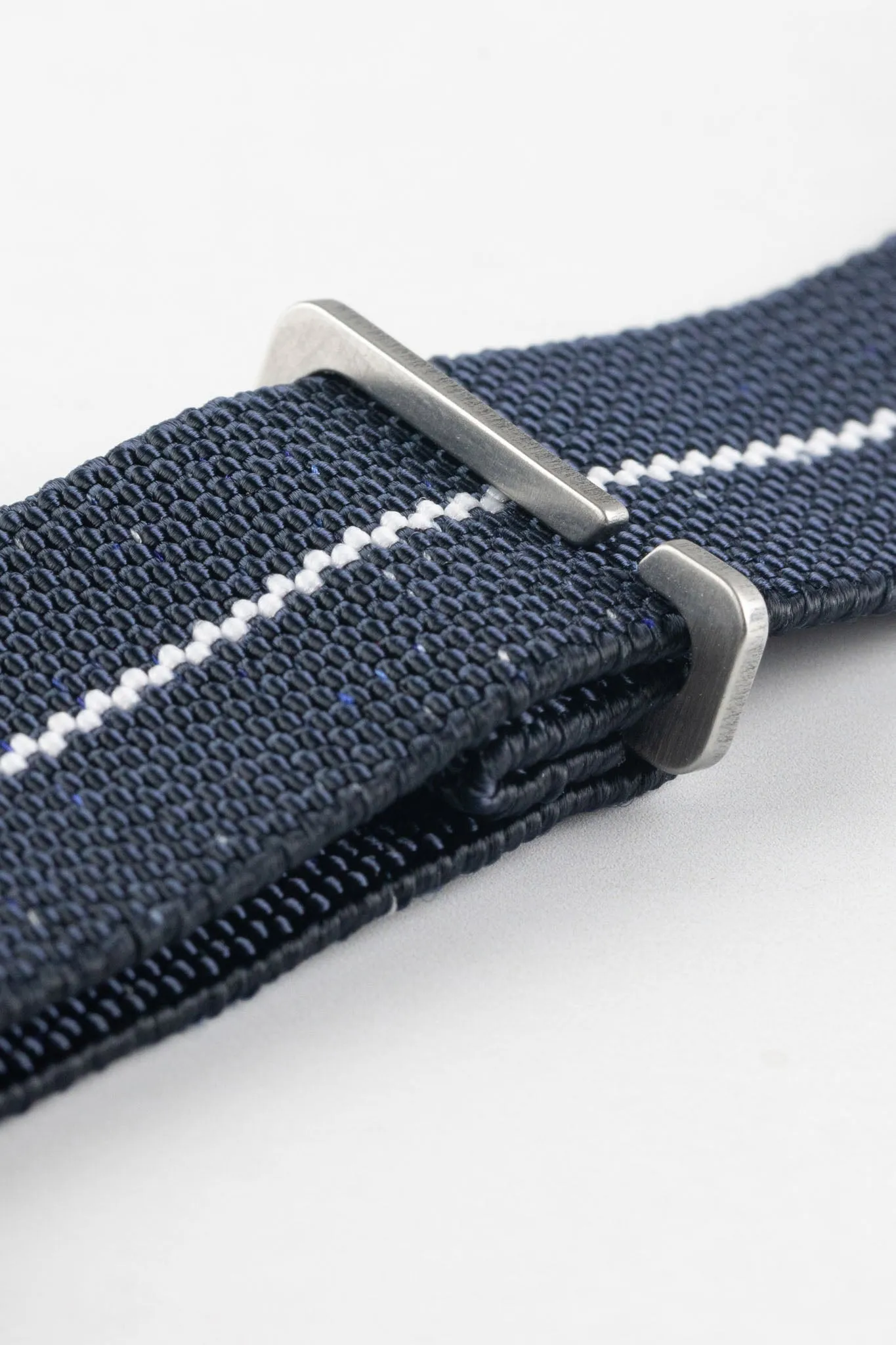 Erika's Originals INDIGO DENIM MN™ Strap with WHITE Centerline - BRUSHED Hardware
