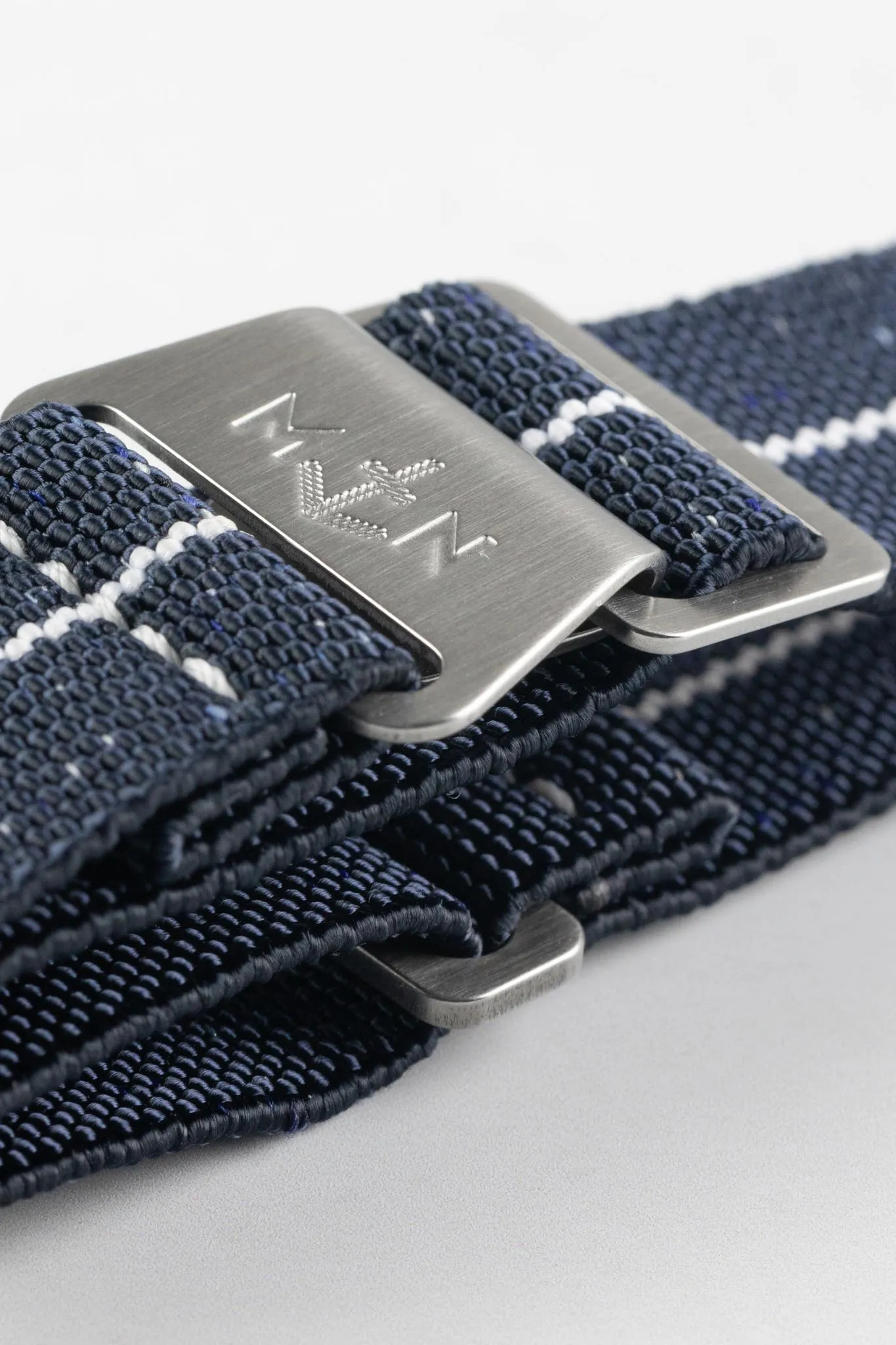 Erika's Originals INDIGO DENIM MN™ Strap with WHITE Centerline - BRUSHED Hardware