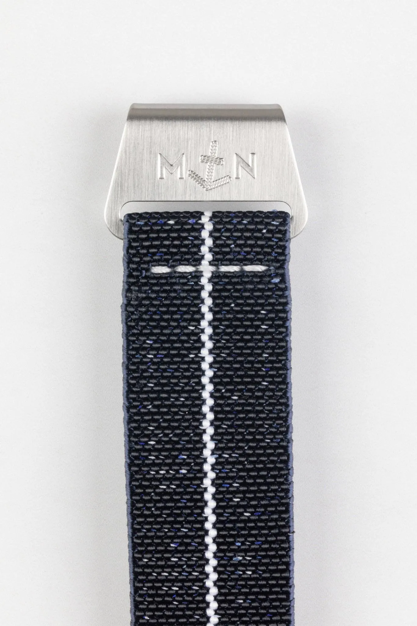 Erika's Originals INDIGO DENIM MN™ Strap with WHITE Centerline - BRUSHED Hardware