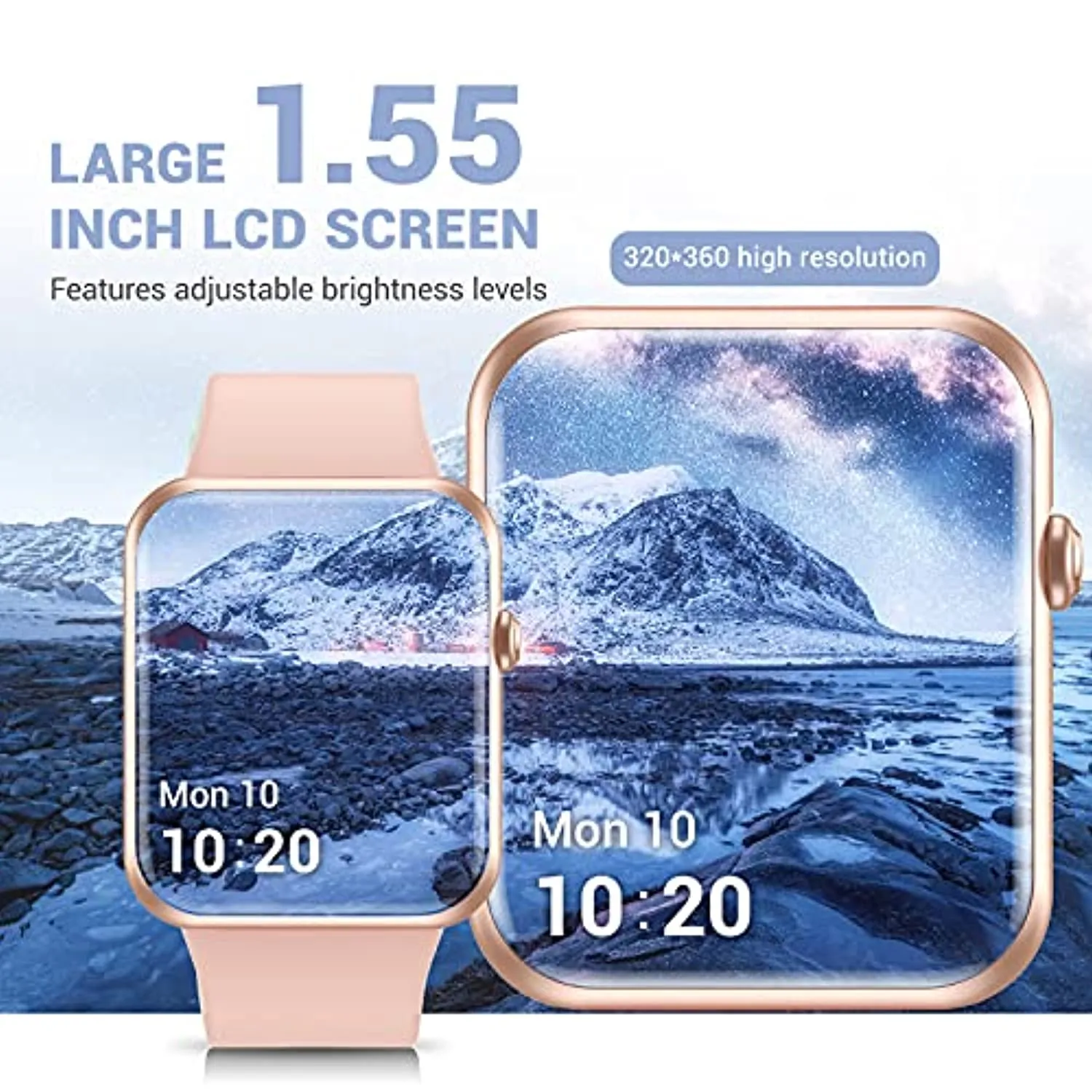 Fitniv Smart Watch, 1.55 Inch Touch Screen Smartwatch for Android and iOS Phones, Fitness Tracker with Heart Rate & SpO2 & Sleep Monitor, 5ATM Waterproof Pedometer Watch for Women Men, Pink