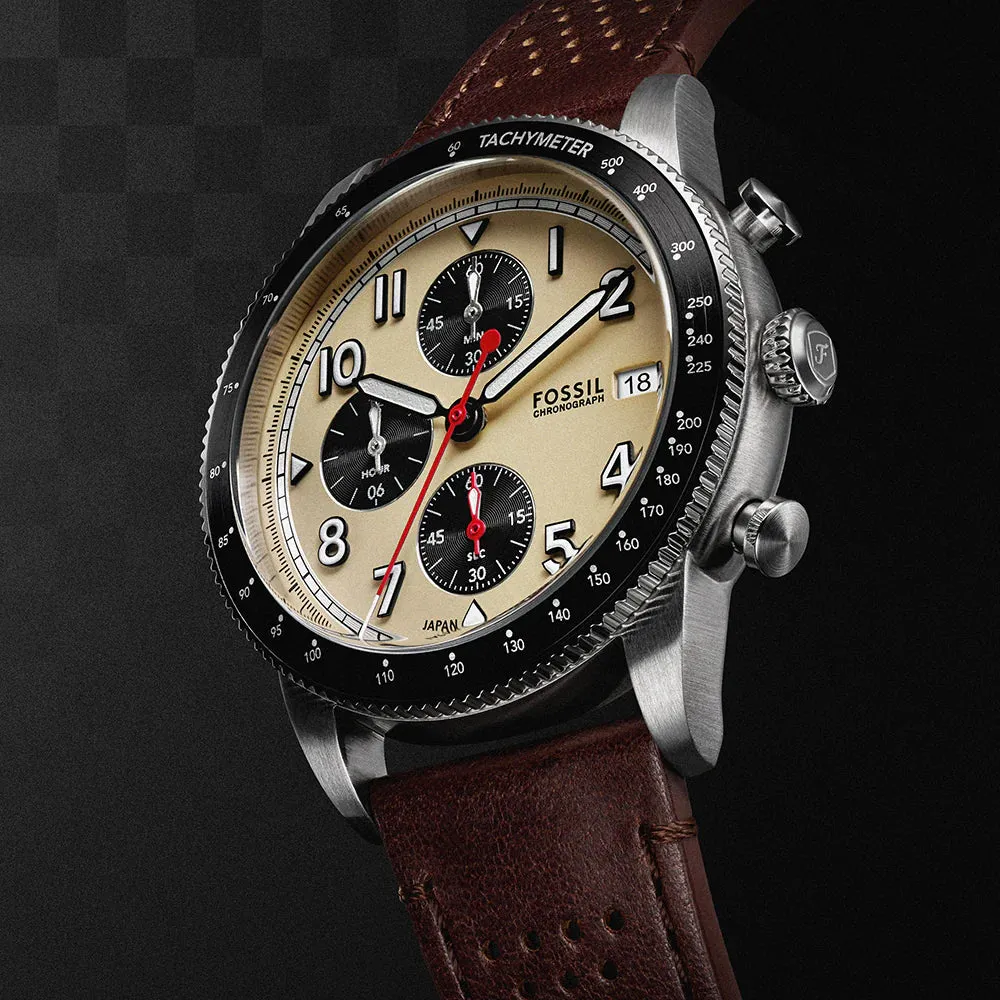 Fossil Sport Tourer Gents Cream Dial Brown Leather Strap Chronograph Watch