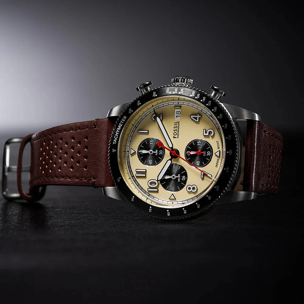 Fossil Sport Tourer Gents Cream Dial Brown Leather Strap Chronograph Watch