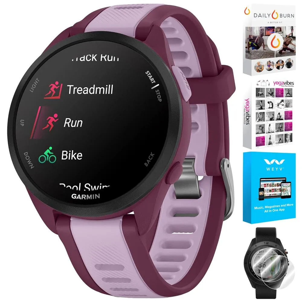 Garmin Forerunner 165 Music Smart Sport Watch, Berry   Lilac w/ Fitness Bundle