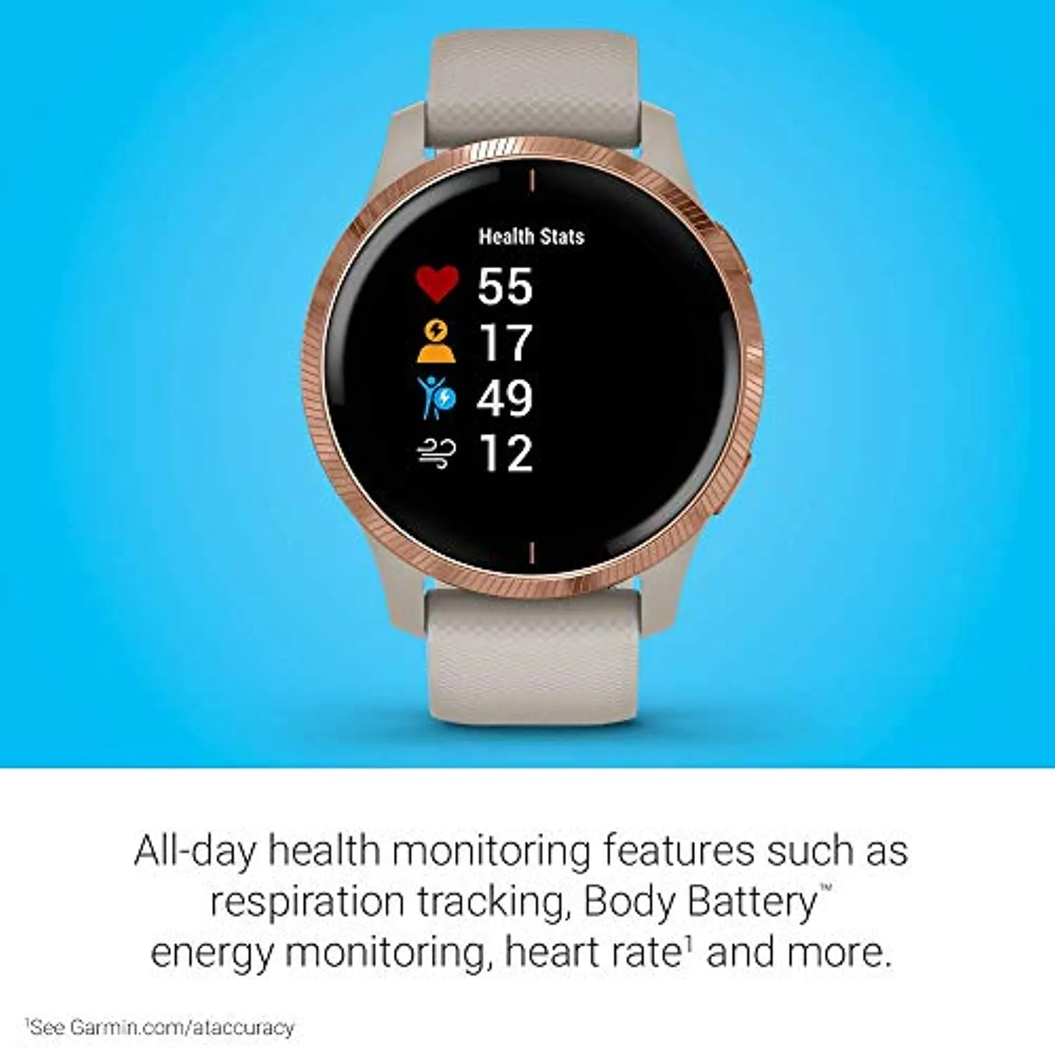 Garmin Venu, GPS Smartwatch with Bright Touchscreen Display, Features Music, Body Energy Monitoring, Animated Workouts, Pulse Ox Sensor and More, Rose Gold with Tan Band (Renewed)