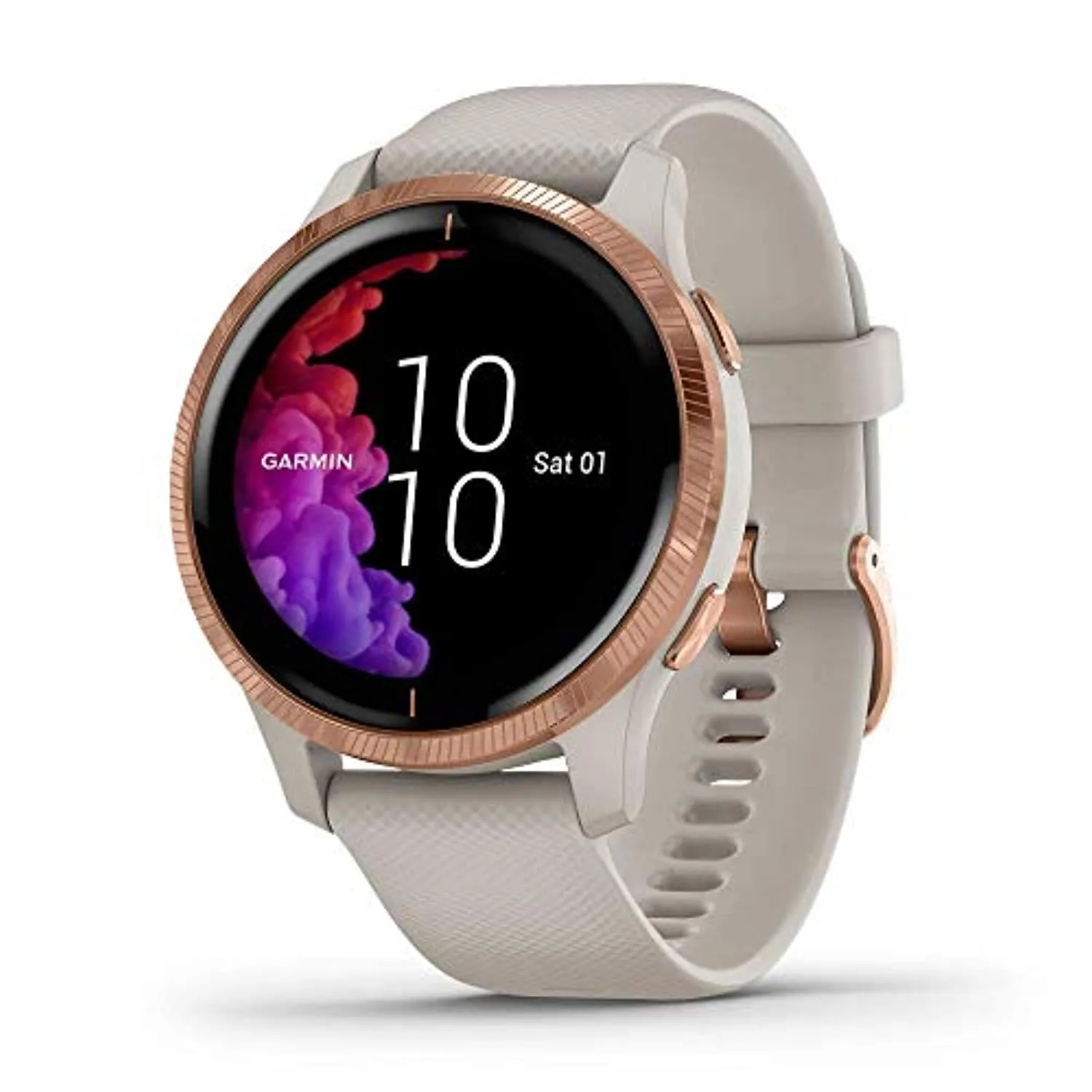 Garmin Venu, GPS Smartwatch with Bright Touchscreen Display, Features Music, Body Energy Monitoring, Animated Workouts, Pulse Ox Sensor and More, Rose Gold with Tan Band (Renewed)
