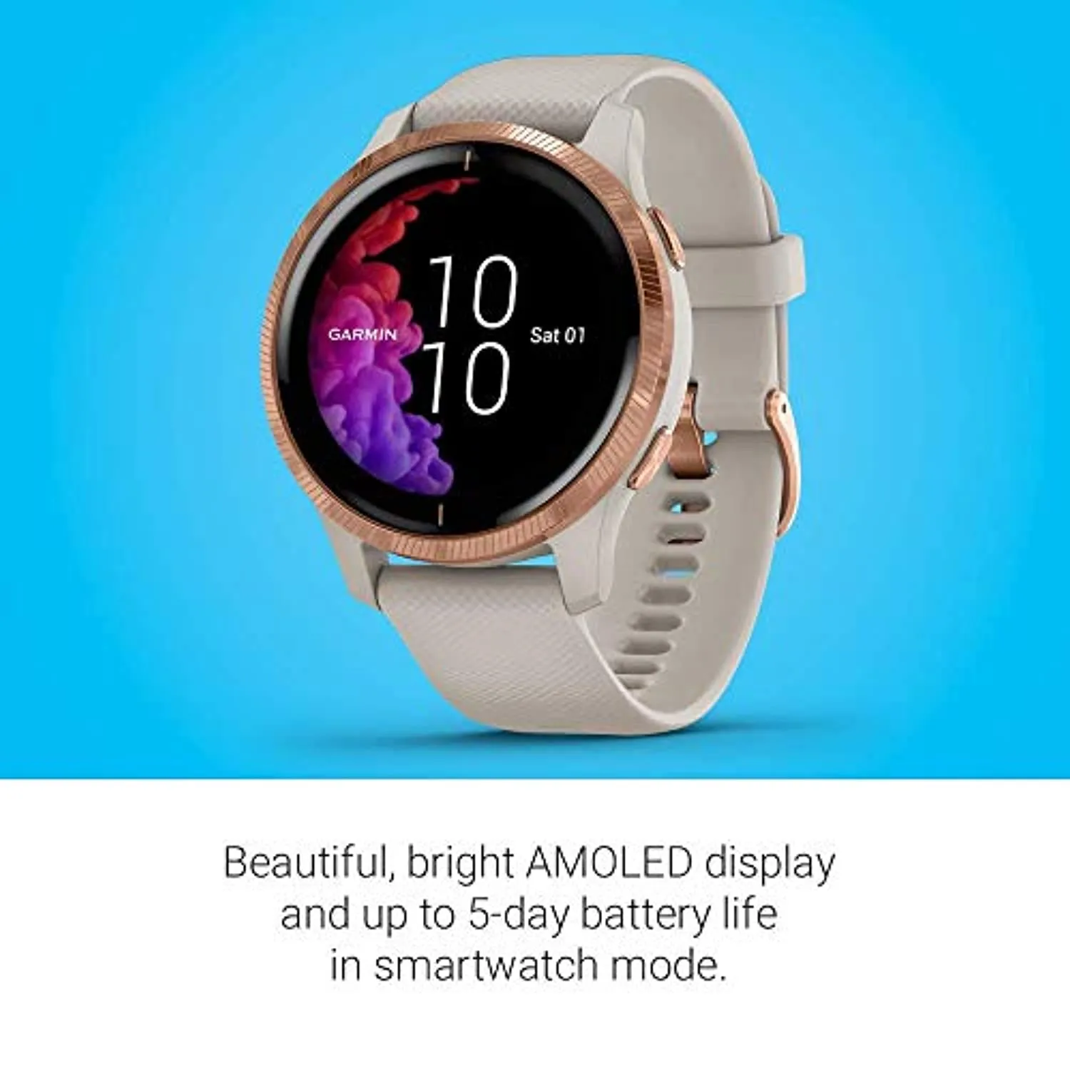 Garmin Venu, GPS Smartwatch with Bright Touchscreen Display, Features Music, Body Energy Monitoring, Animated Workouts, Pulse Ox Sensor and More, Rose Gold with Tan Band (Renewed)