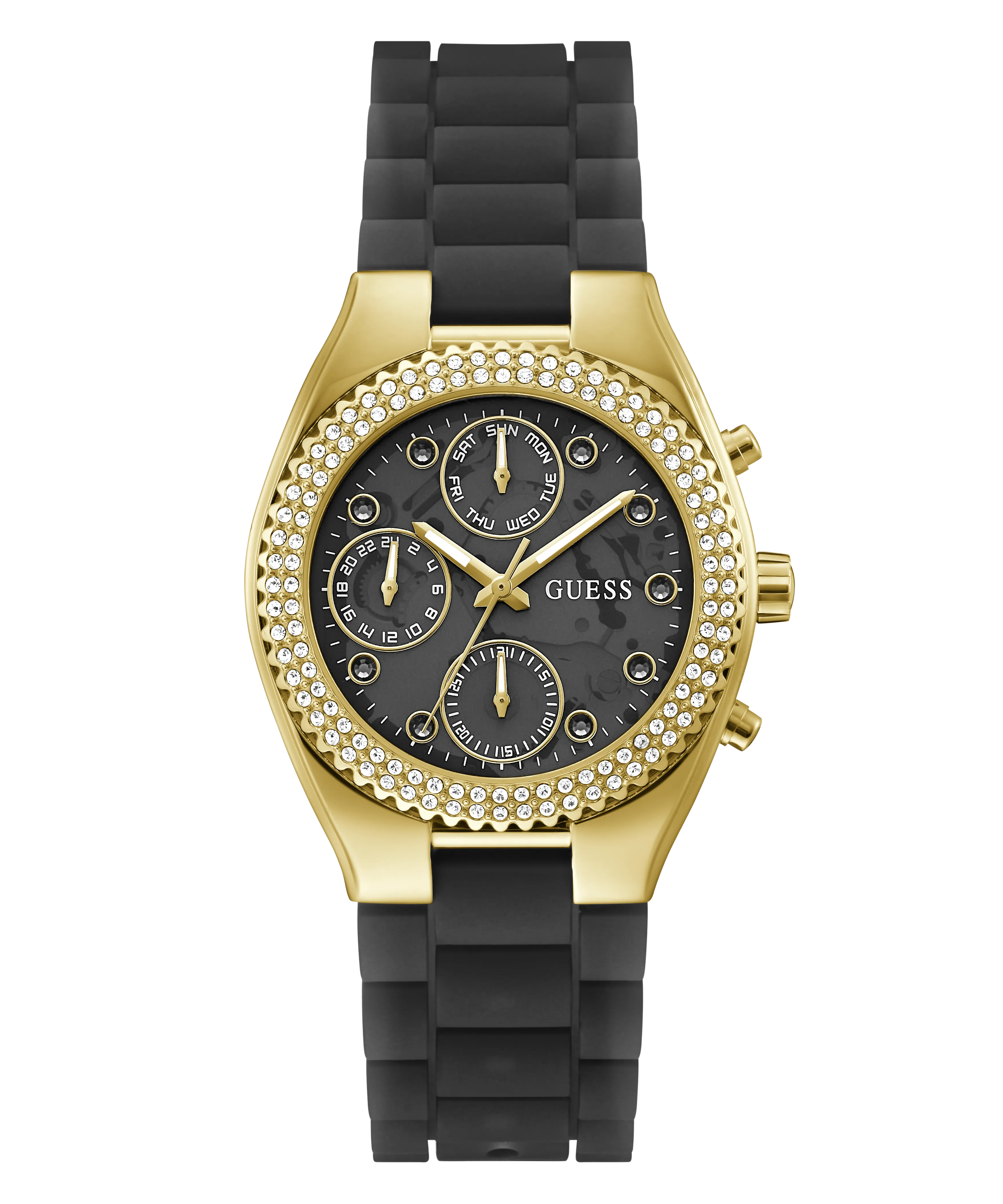 GUESS Ladies Black Gold Tone Multi-function Watch