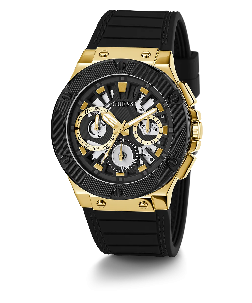 GUESS Mens Black Gold Tone Multi-function Watch