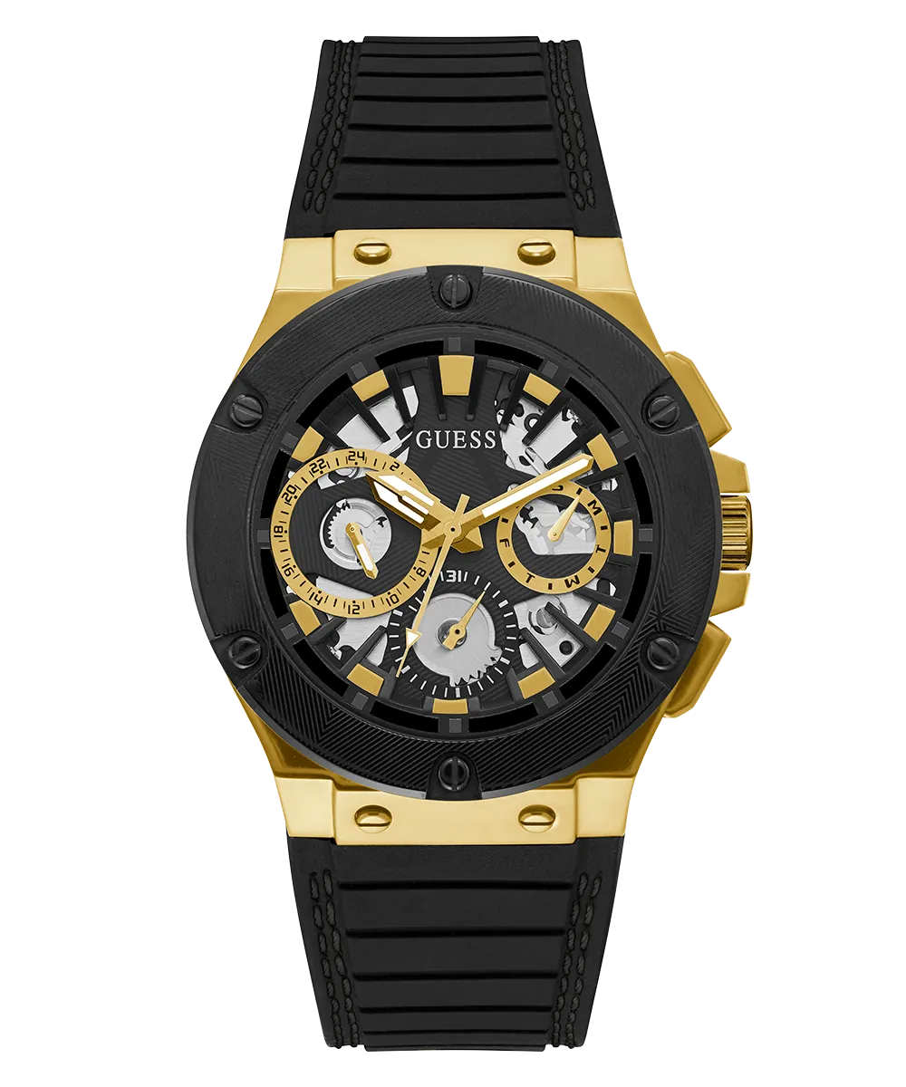 GUESS Mens Black Gold Tone Multi-function Watch
