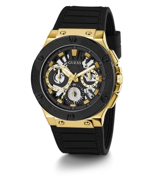 GUESS Mens Black Gold Tone Multi-function Watch
