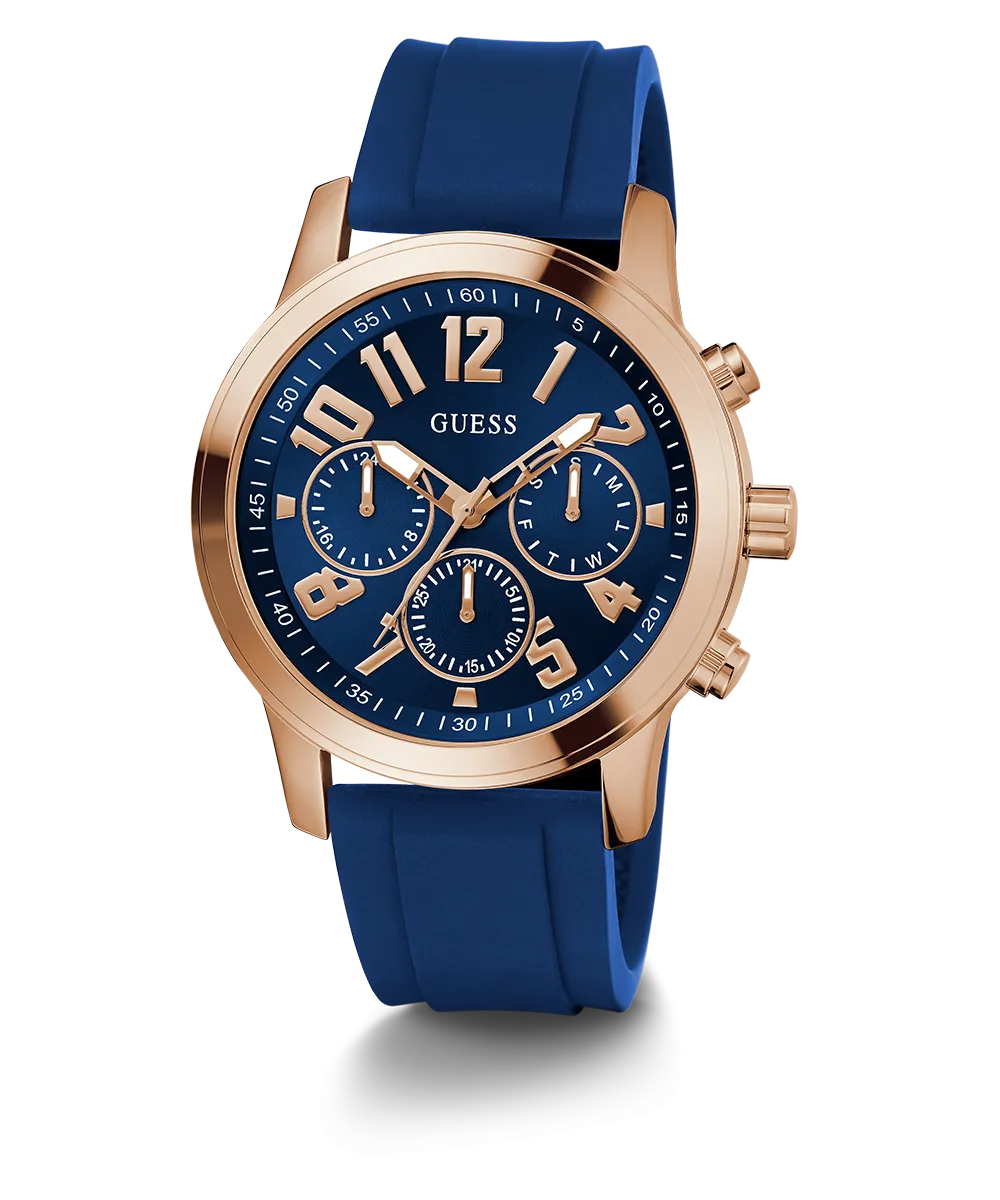 GUESS Mens Blue Rose Gold Tone Multi-function Watch