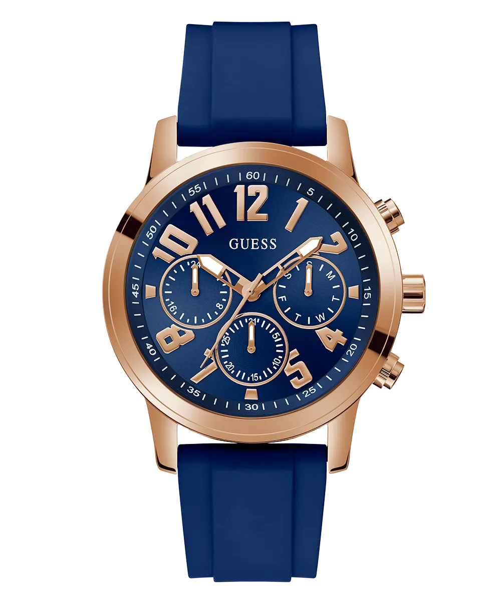 GUESS Mens Blue Rose Gold Tone Multi-function Watch