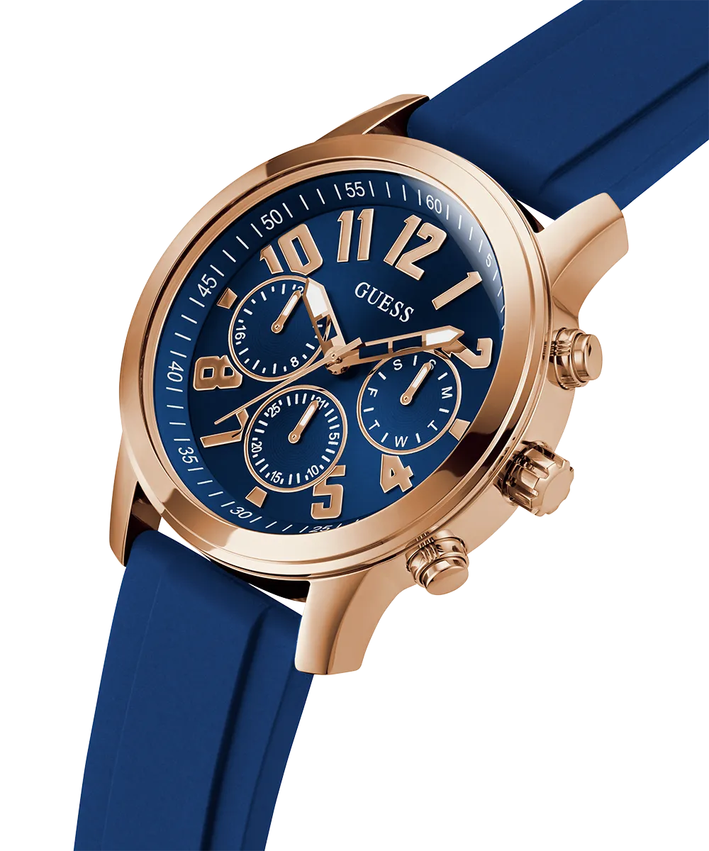 GUESS Mens Blue Rose Gold Tone Multi-function Watch