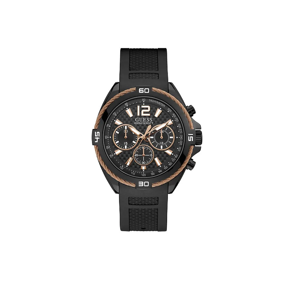 Guess Men's Watch Black Case Carbon Fiber Dial WithÂ Black Silicon Strap