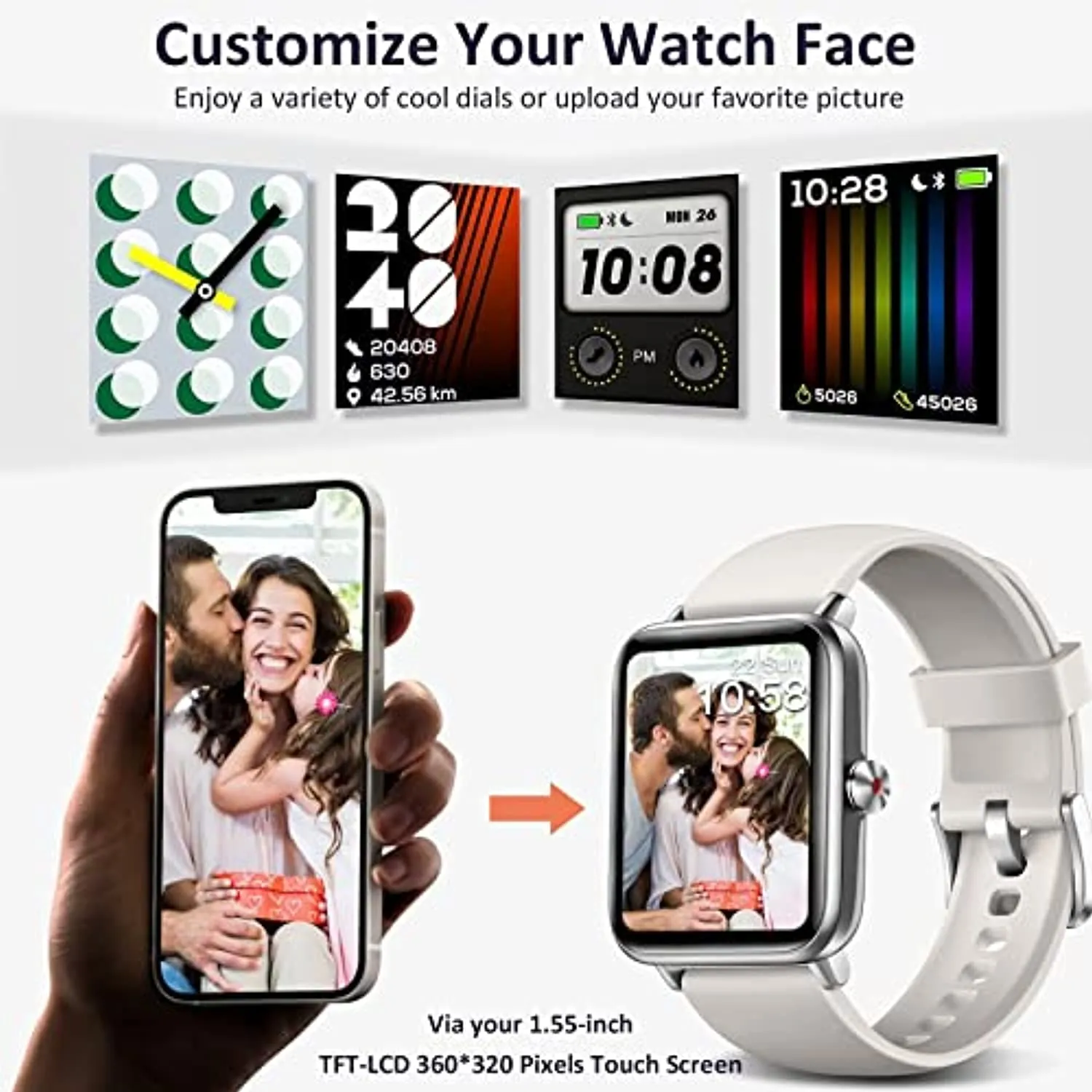 Hamile 1.55" Smart Watch for Android Phones Compatible with iPhone, Fitness Watch with Heart Rate Monitor Sleep Tracker, 5ATM Waterproof Smart Watches for Women Men, 200  Dials, Grey