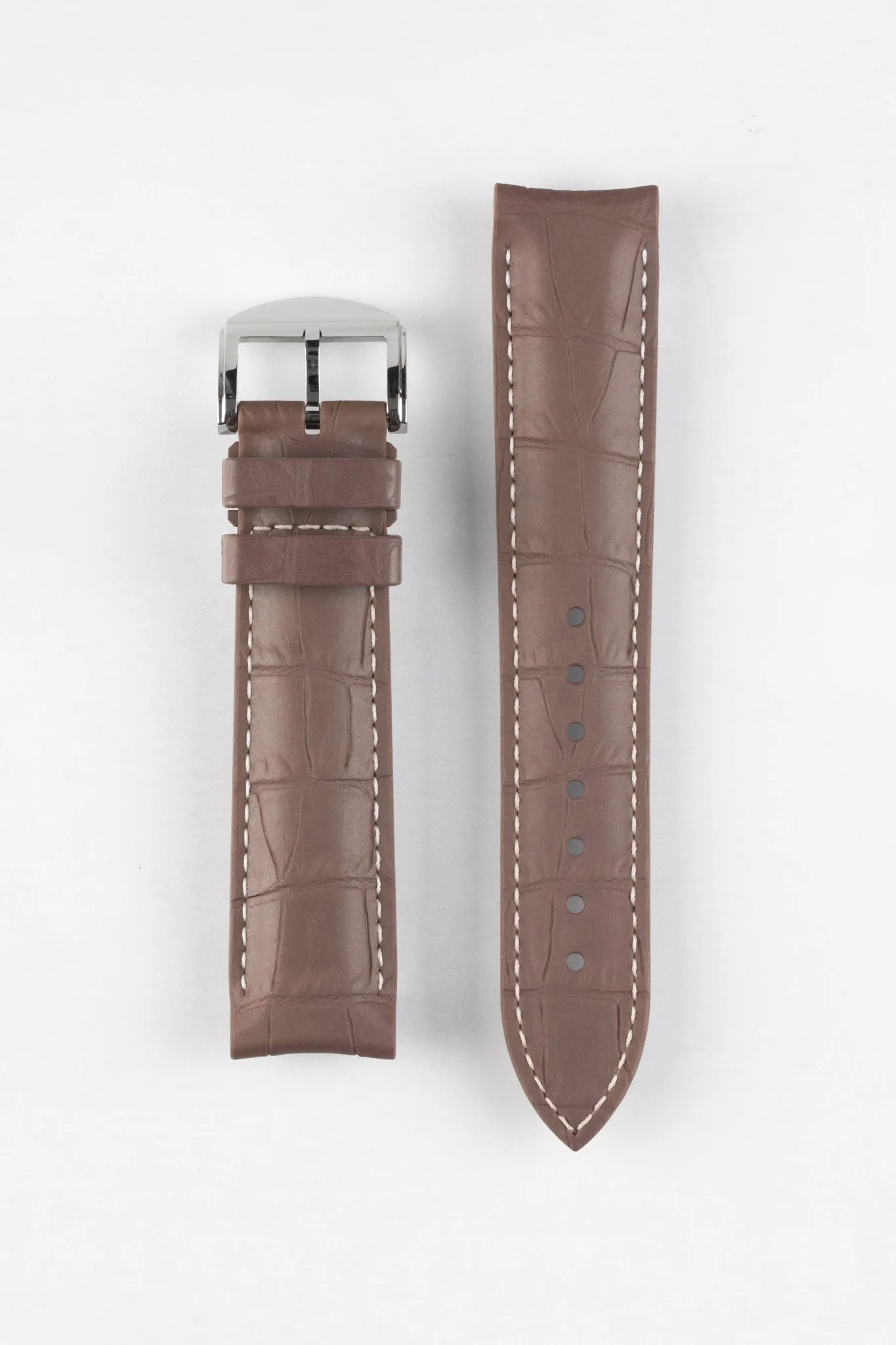 ISOSWISS SKINSKAN Alligator-Embossed Rubber Watch Strap in BROWN with White Stitch